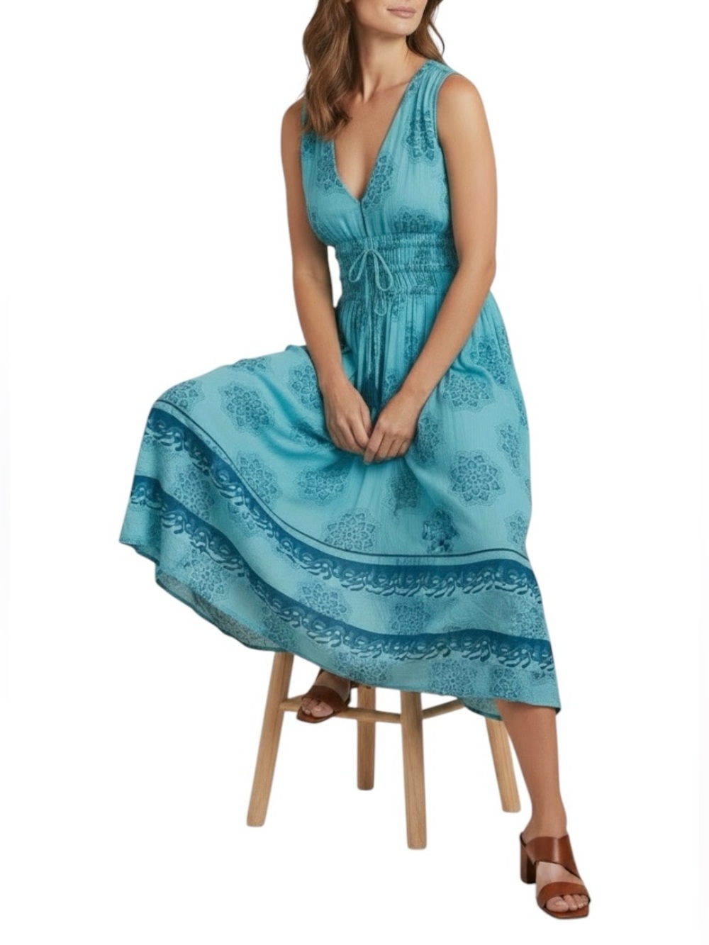 Ro’s Garden Aqua Blue Block Print Made in India Midi Dress Medium